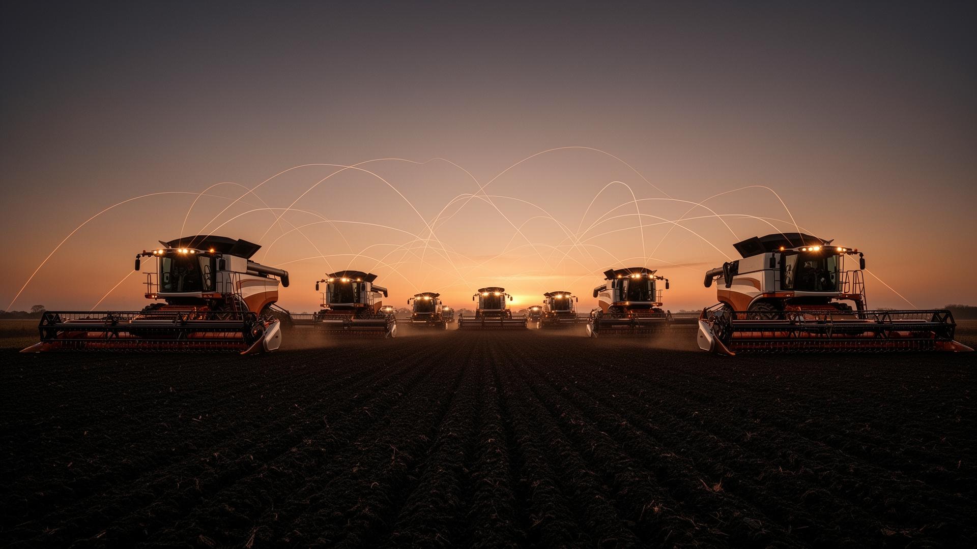 Flota de cosechadoras alineadas al atardecer con filamentos de cobre conectándolas