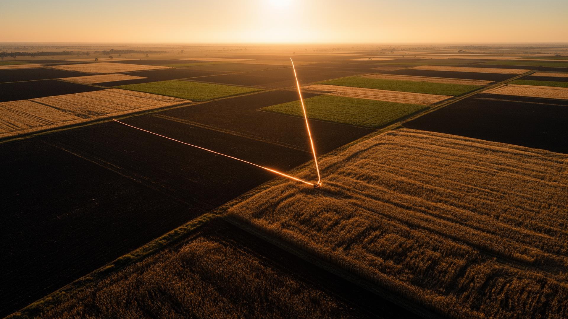 Vista aérea al amanecer de un mosaico de campos atravesado por una línea de cobre luminoso