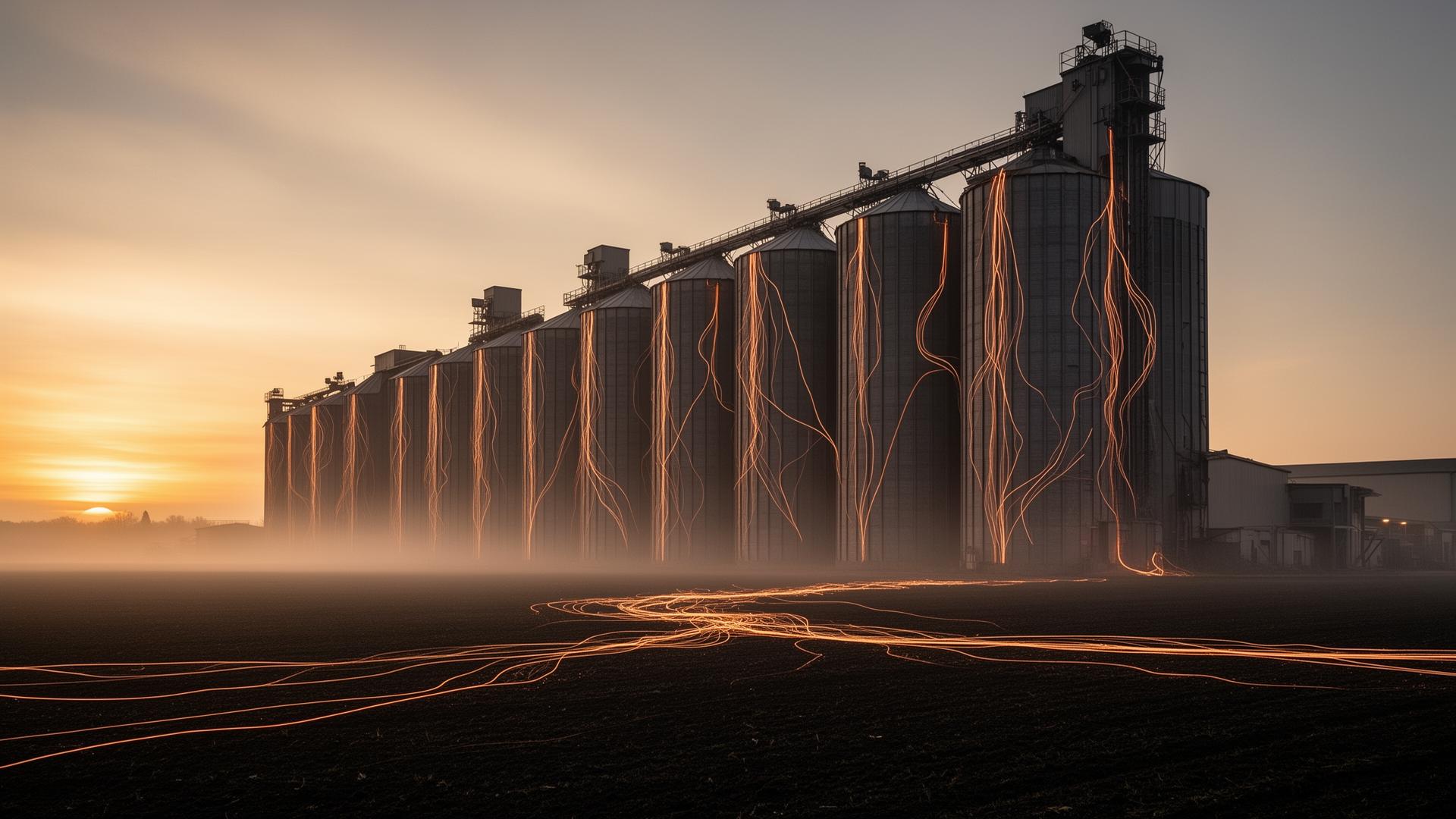 Silos industriales al amanecer con filamentos de cobre subiendo por sus paredes