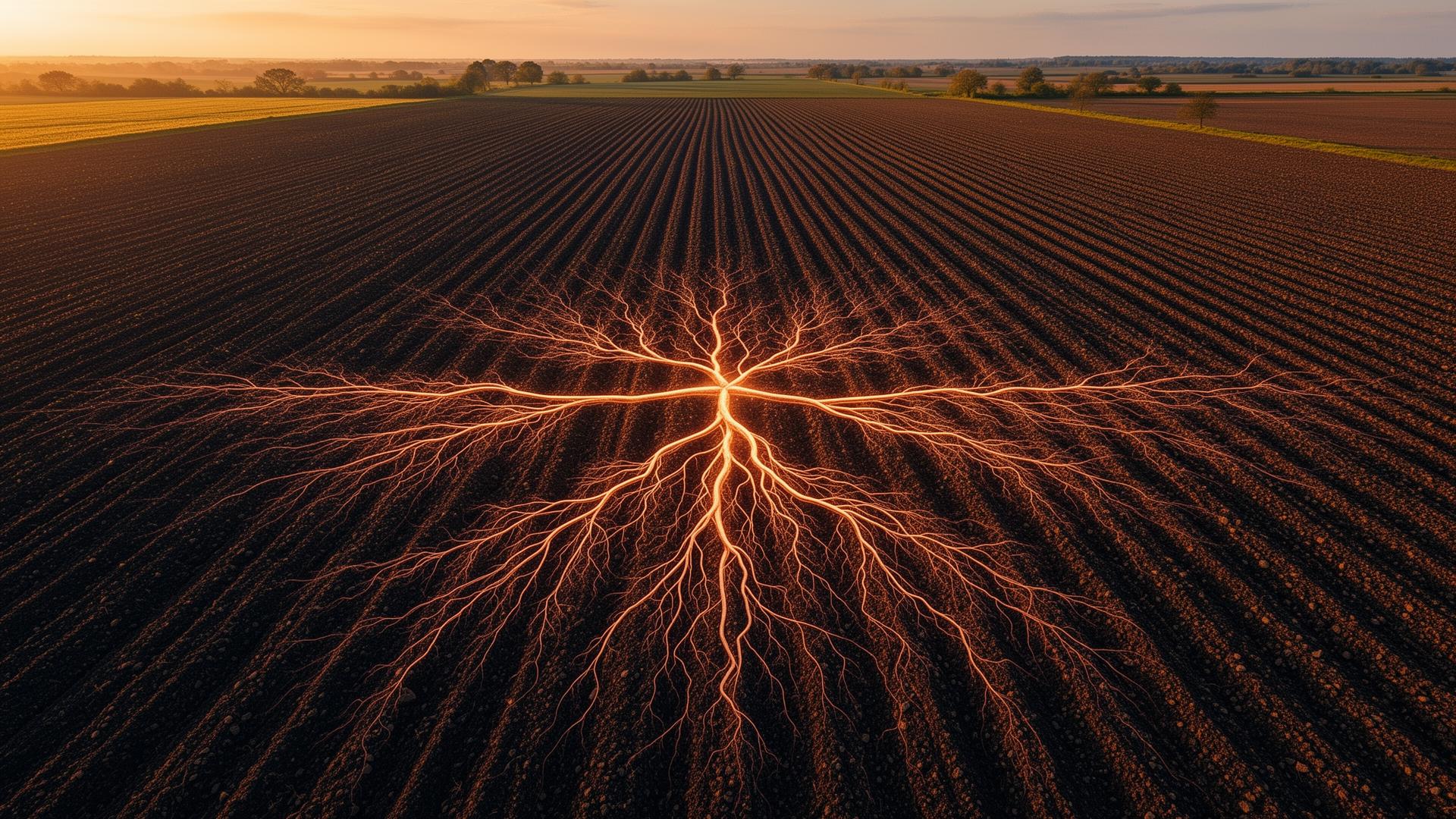 Vista aérea de un campo trabajado con un sistema radicular luminoso de cobre extendiéndose bajo la tierra