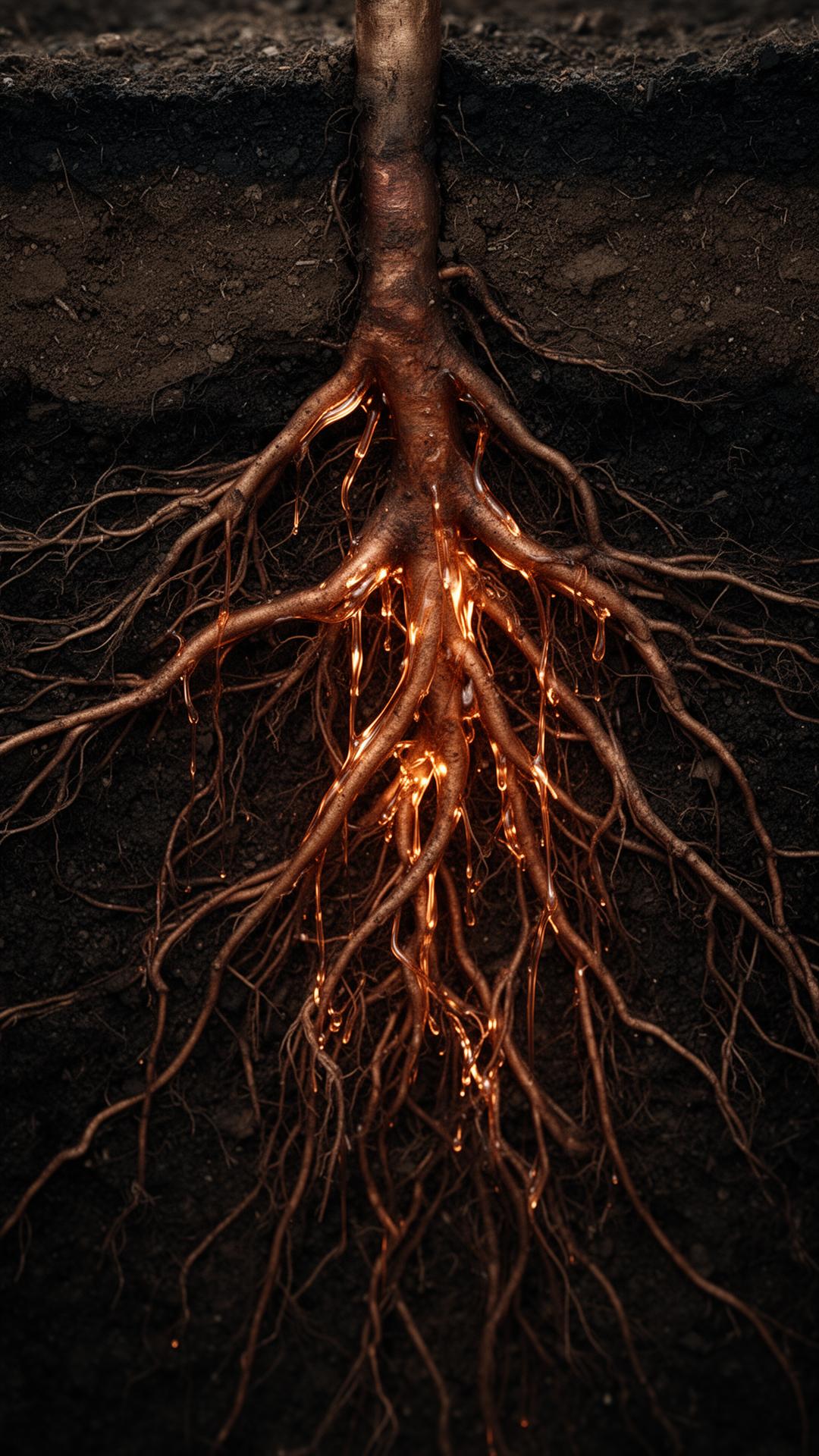 Sistema radicular expuesto en corte de tierra con savia de cobre luminoso