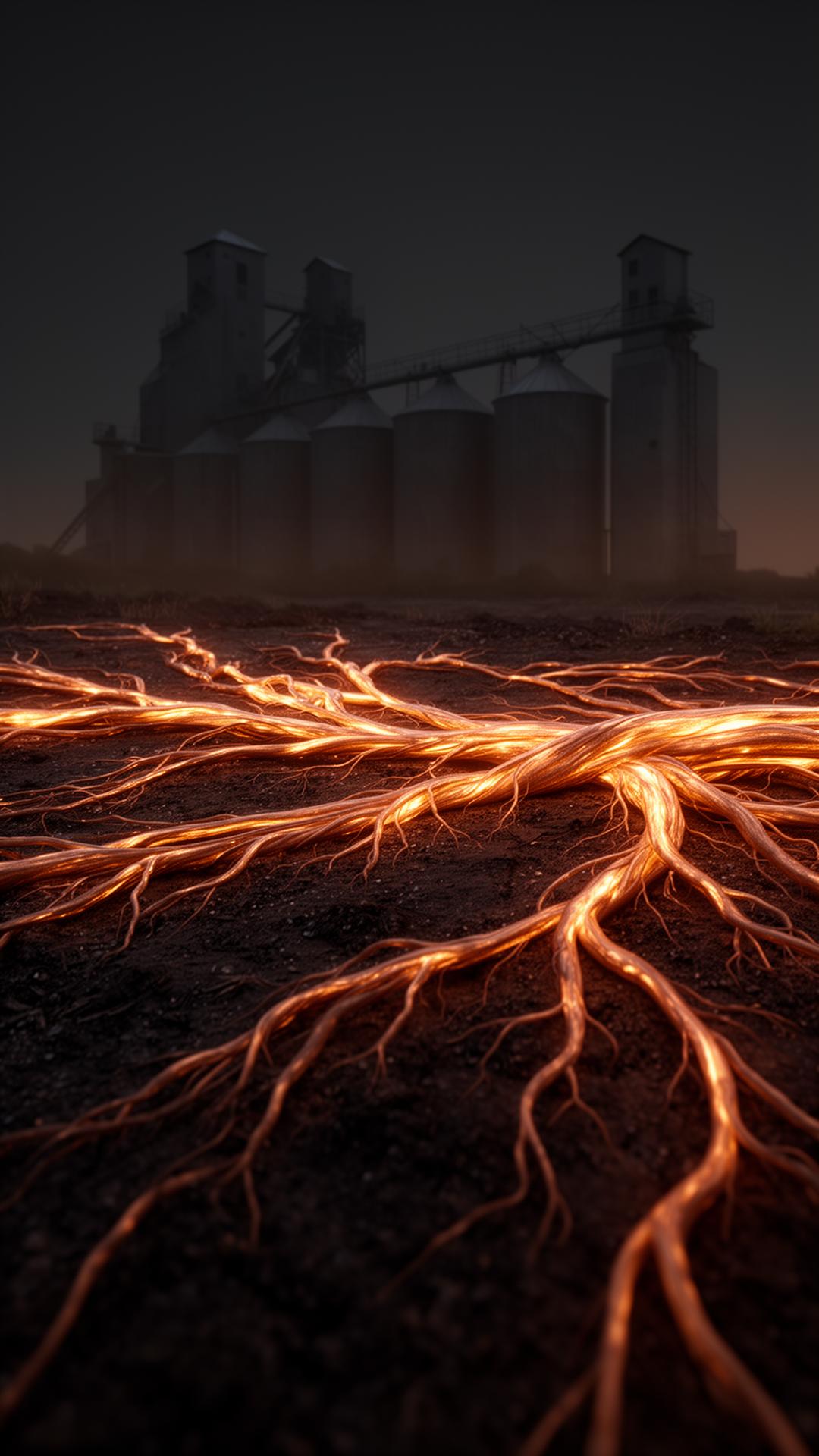 Raíces luminosas atravesando tierra hacia silos al fondo