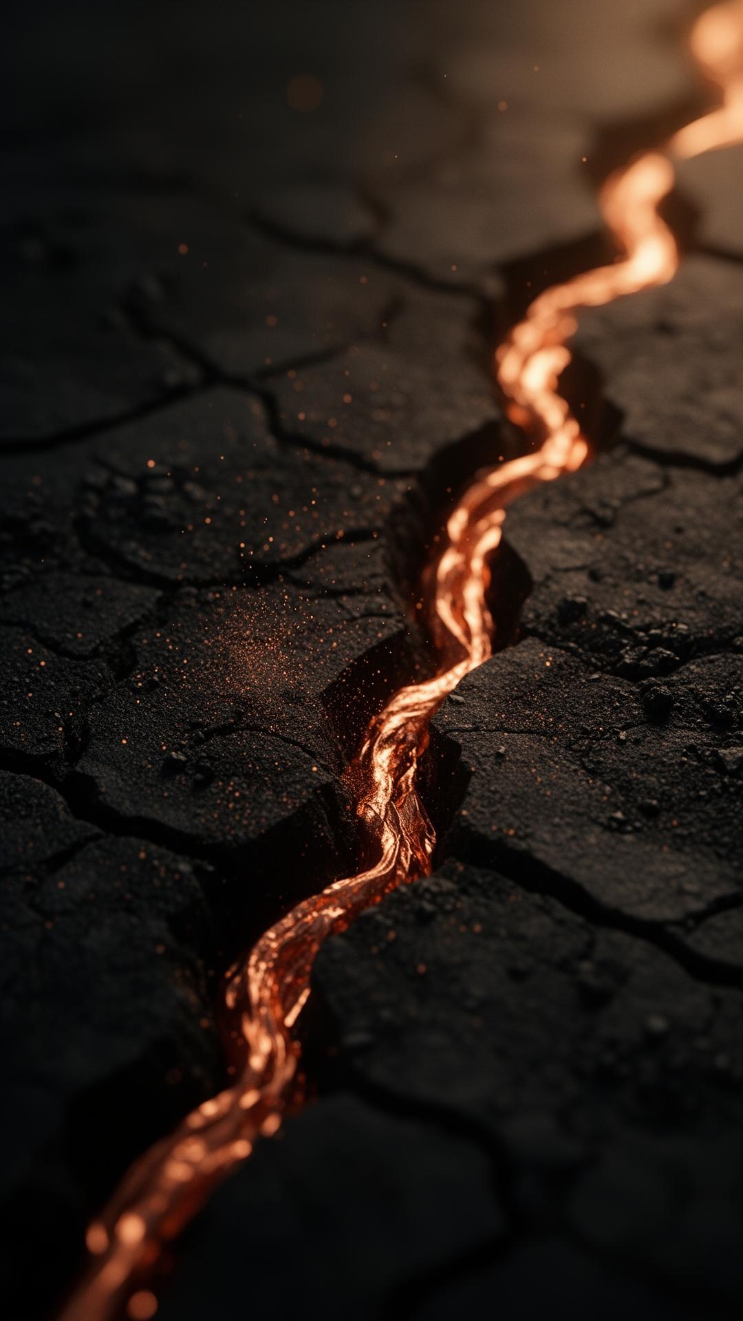 Veta de cobre incandescente abriéndose paso en tierra negra agrietada